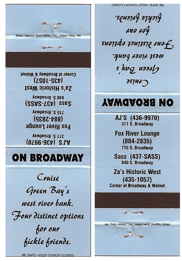 Matchbook cover for "Green Bay's West River Bank" LGBT bars, circa 2005 / (courtesy Paul Jacob and NE Wis. LGBT History project) /