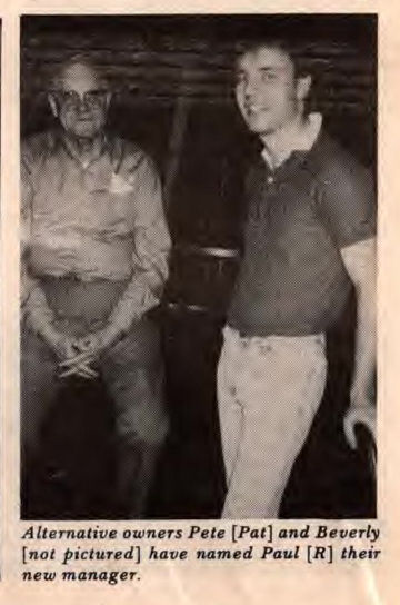 Co-owner Pete (left) with manager Paul, March 1989.
