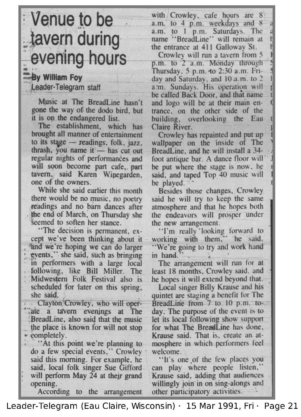 Article about Breadline being used as Back Door tavern nights / (Leader-Telegram, Eau Claire- March 15, 1991) / /