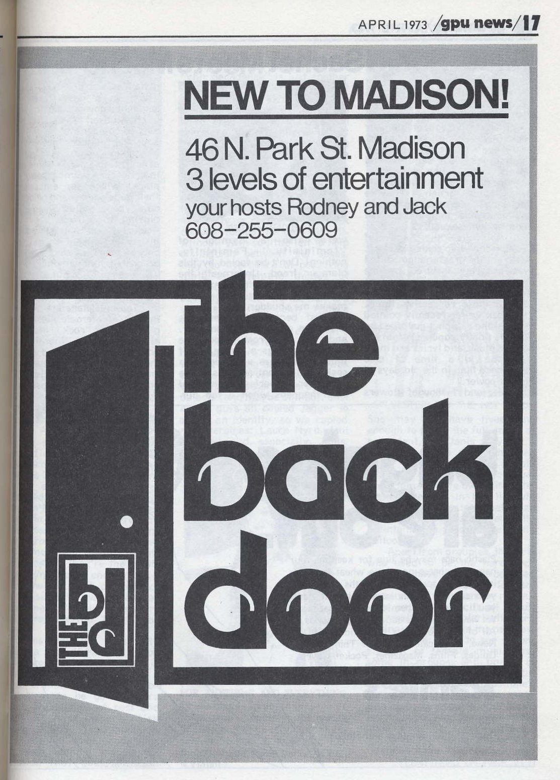 Advertisement announcing the Back Door, April 1973