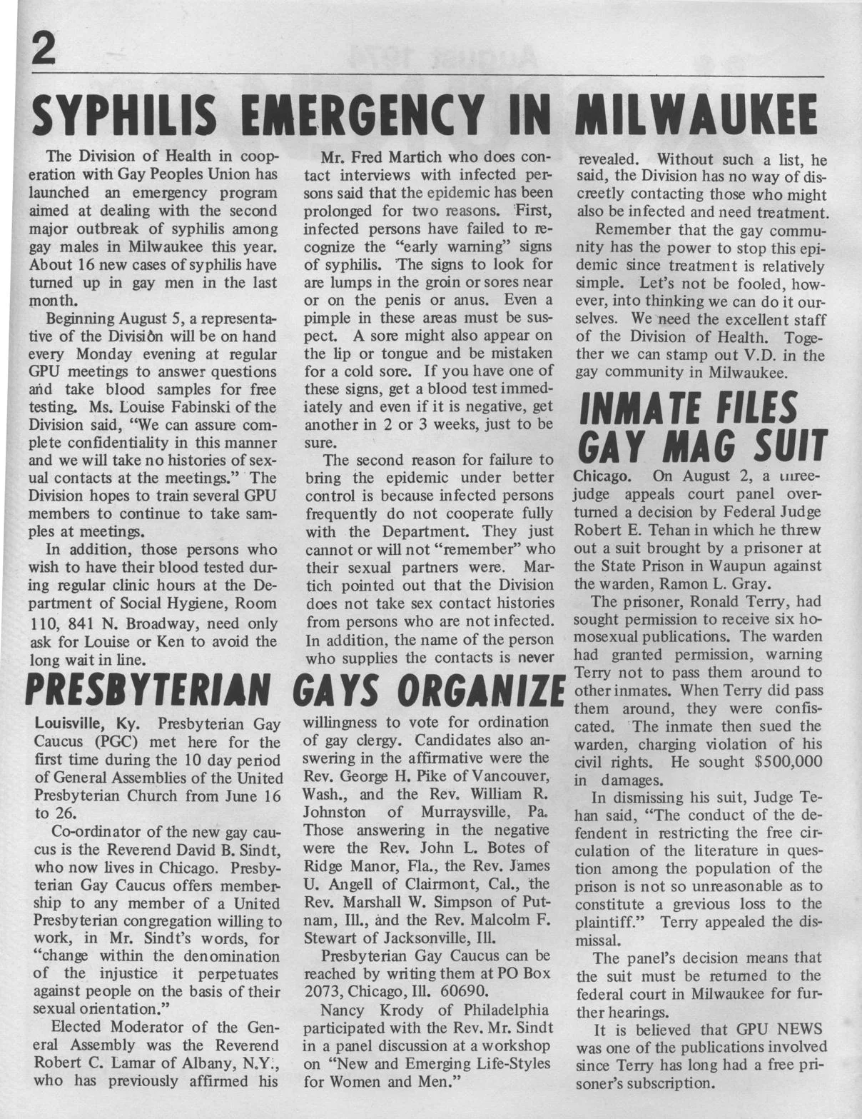 Syphilis Emergency seen / GPU News, August 1974- pg. 2 /
