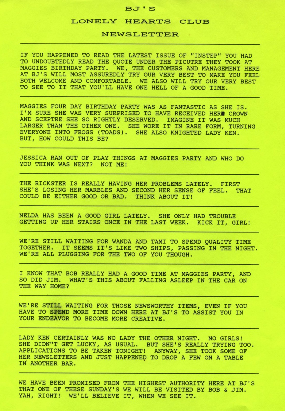 BJ's Lonely Hearts Club newsletter from the early 1990s.