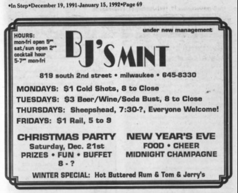 Advertisement for BJ's Mint, December 1991.