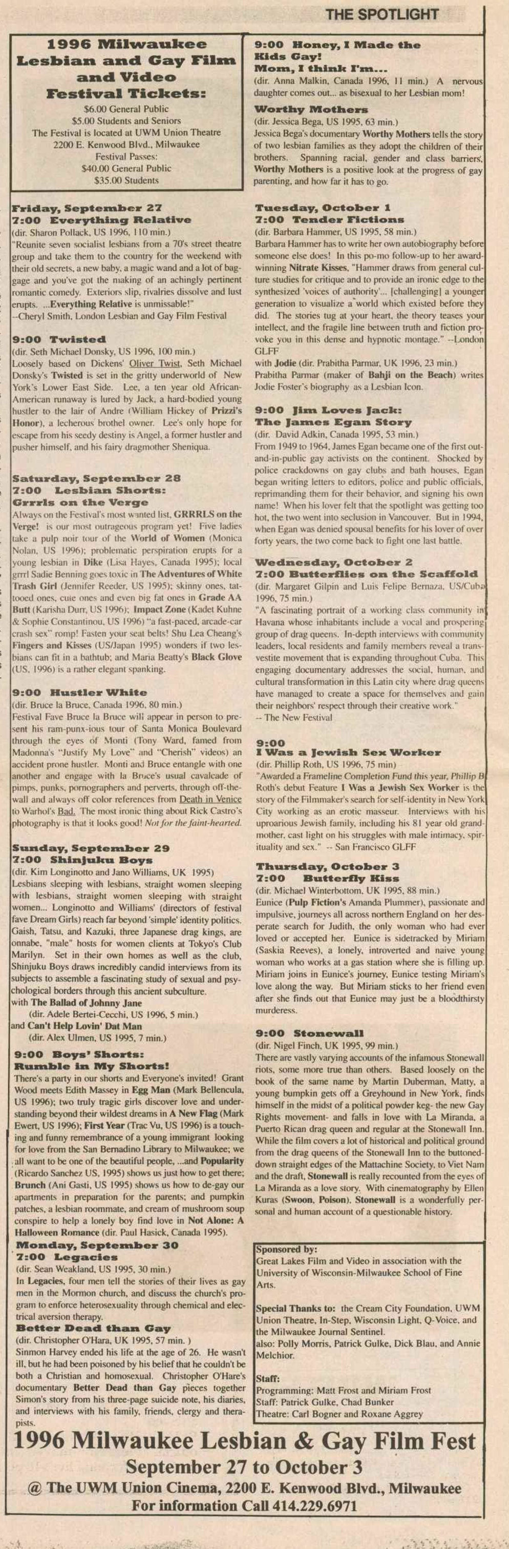 Article marking 10th anniversary of Film Festival / lists Bogner as info contact / (In Step vol. 14-17, Aug. 1997) / /