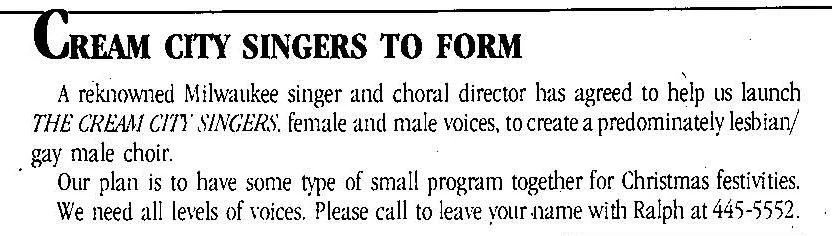 Notice in CCBA newsletter seeking singers, November 1984 / /