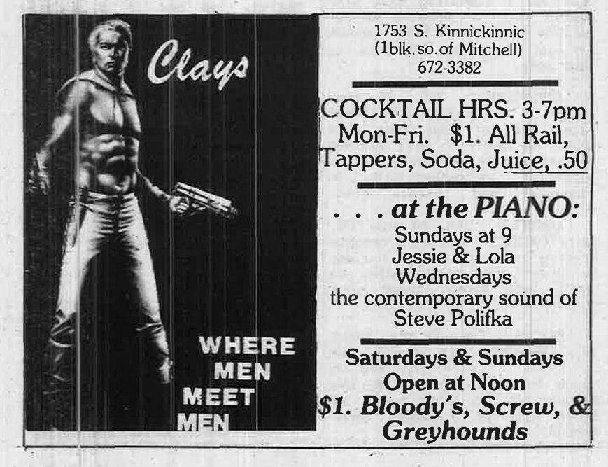 Advertisement under the shortened name 'Clay's', 1985