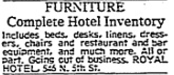 Advertisement from 1973 as the Royal Hotel was being cleared for demolition.