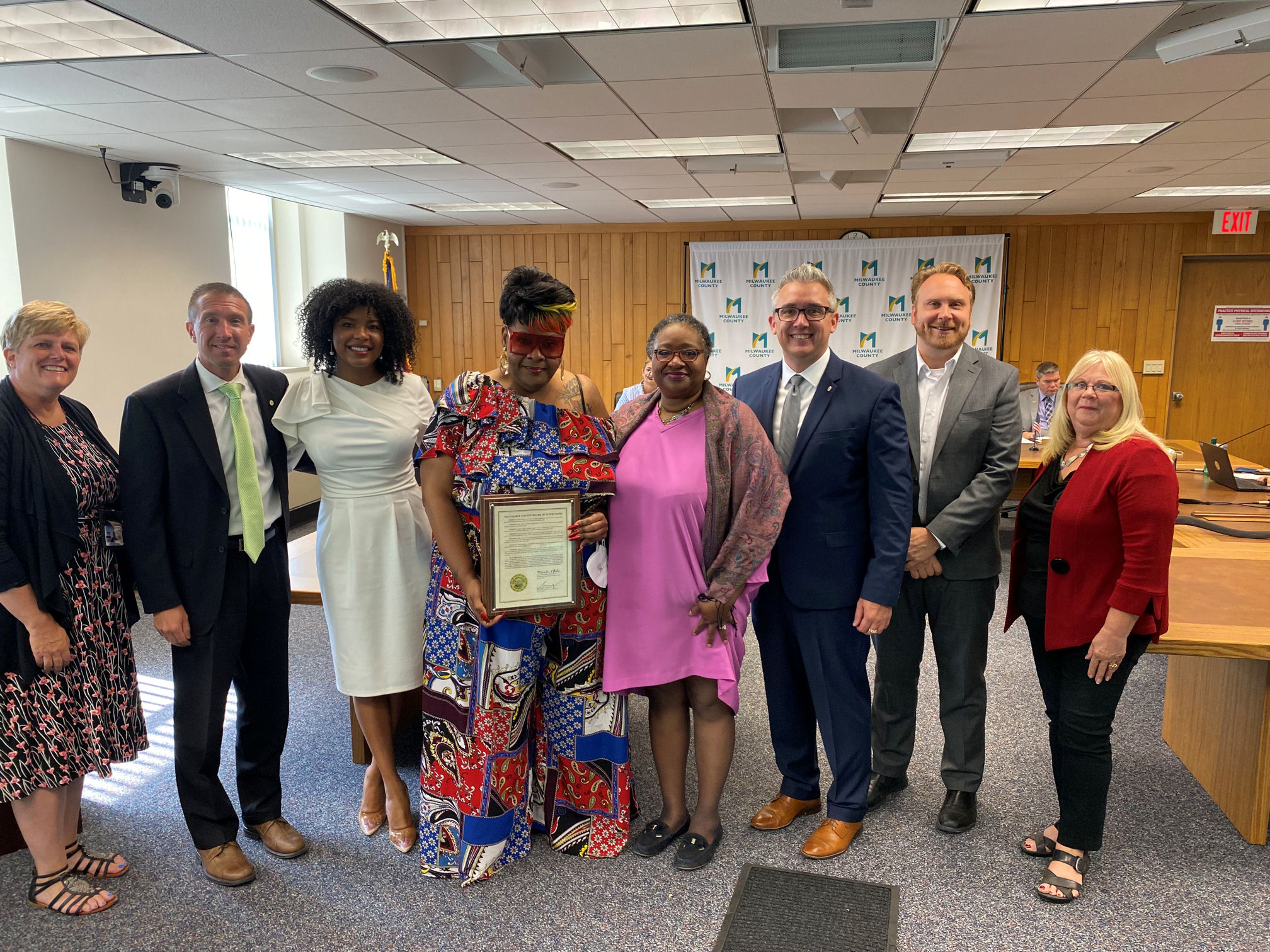 County Board Supervisors at presentation, June 2022: / (Group photo, L to R: Supervisors Kathleen Vincent (11th District), Steve F. Taylor (17th), Chairwoman Marcelia Nicholson (10th); Janice Colby; Supervisors Felesia A. Martin (7th), Peter Burgelis (15th, sponsor), Shawn Rolland (6th), and Patti Logsdon (9th) / / /