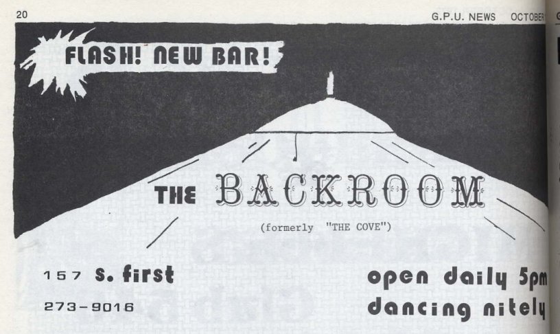 Advertisement during its time as 'The Backroom,' 1972