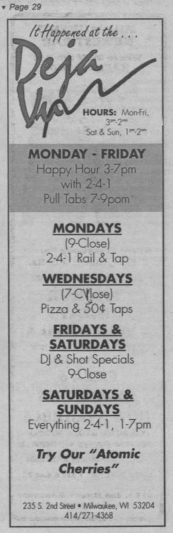 Advertisement for drink specials, October 1993.