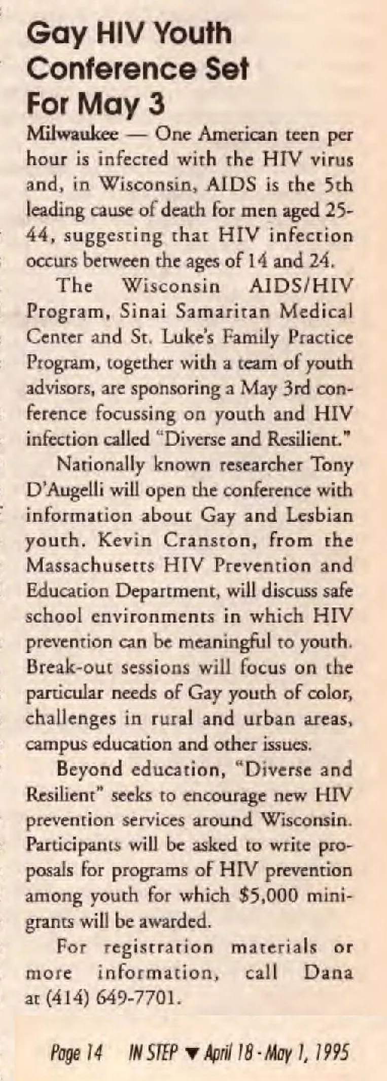 Gay HIV Youth Conference planned by Wis. AIDS/HIV Program, Sinai Samaritan Medical Center and St. Luke's Family Practice Program, establishing "Diverse & Resilient" / (In Step vol. 13-07, April 1996) / /
