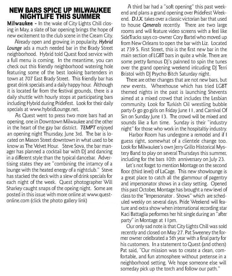 Article on new Milwaukee bars, 2010.