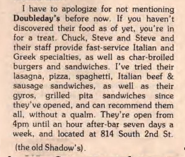 Article: about the food at Doubleday's / (In Step vol. 7-02, Feb. 1990)