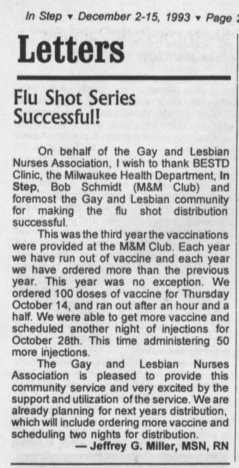 Article, free flu shots / (given annually at M&M) / (Quest v3-17, October 1996) / /