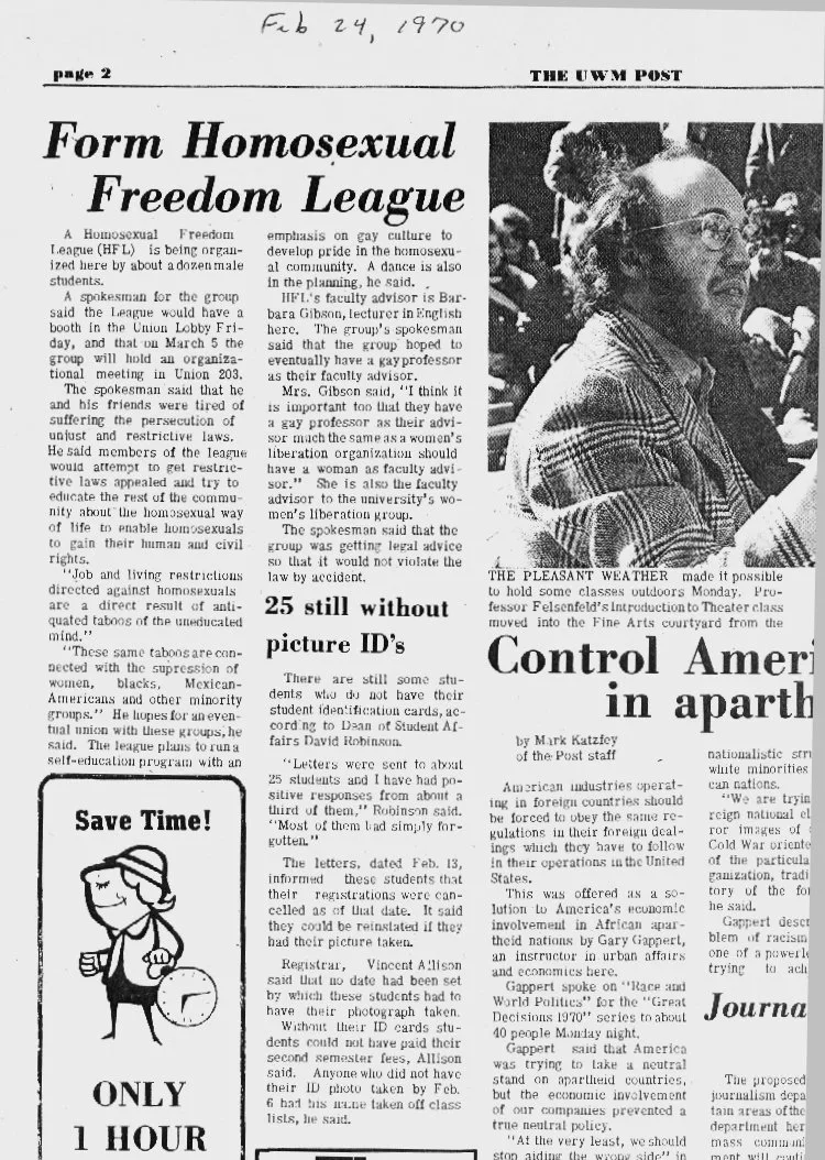 Feb. 1970 article in UWM Post on founding / of the Homosexual Freedom League