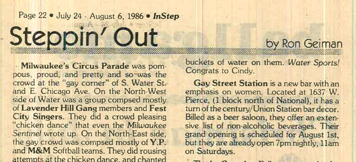 Description in the 'Steppin' Out' column, August 1986.