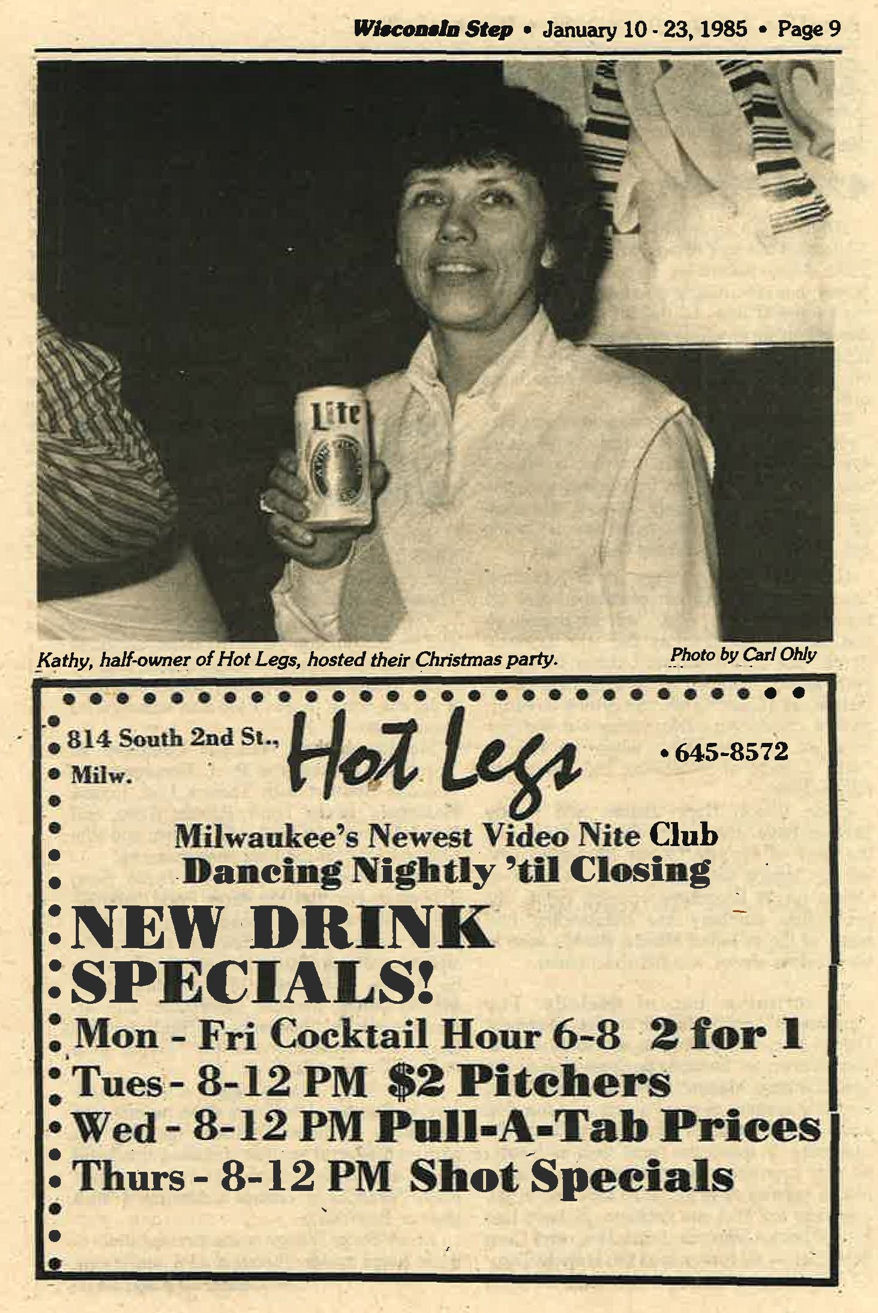 Photo of co-owner Kathy with a drink-specials advertisement, January 1985.