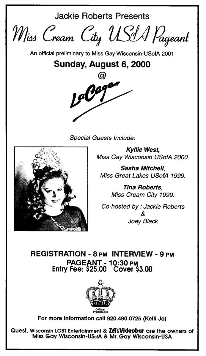 Advertisement, Miss Cream City USofA / Pageant, Jackie as co-host / Quest magazine v7-13, August 2000 /
