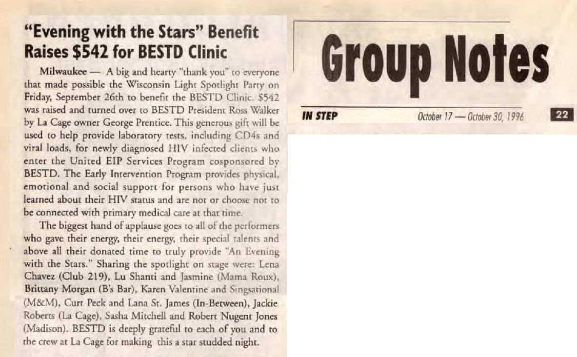 Article, "Evening with the Stars" benefit show for BESTD Clinic / InStep magazine v13-20, October 1996 /