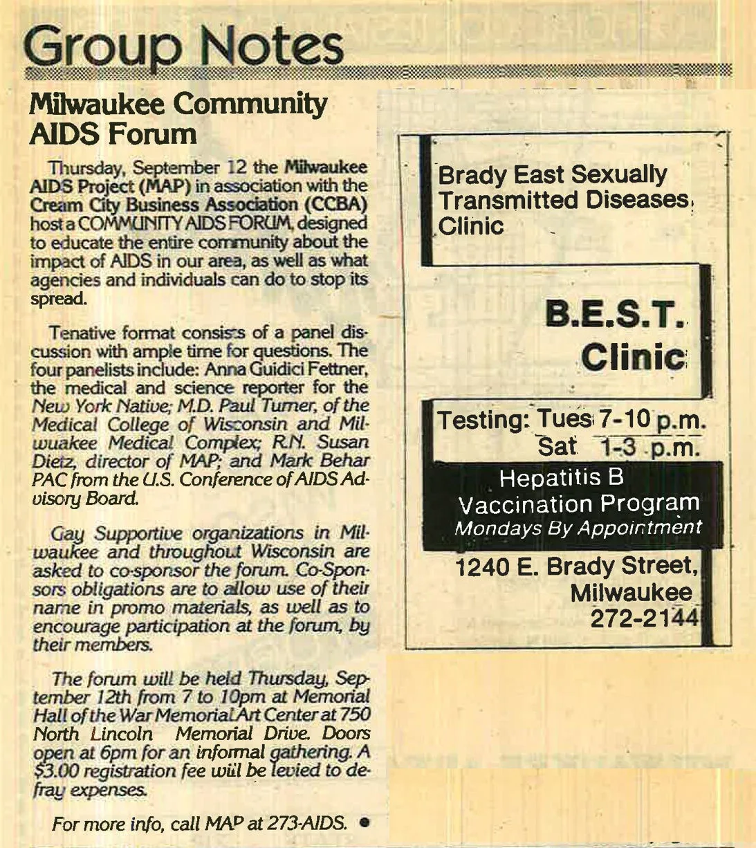 Group Notes: Founding of Milw. AIDS Project (MAP) in Dec. 1984 / (In Step v2-10, May 1985) / /