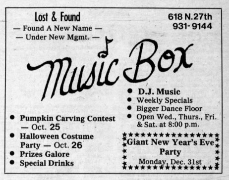 The only known advertisement for Music Box, September 1984.