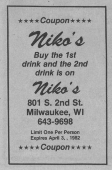 Advertisement for Niko's, 1982.