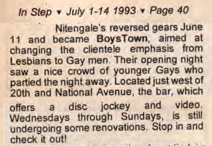 Column noting the bar's change to BoysTown, June 1993.