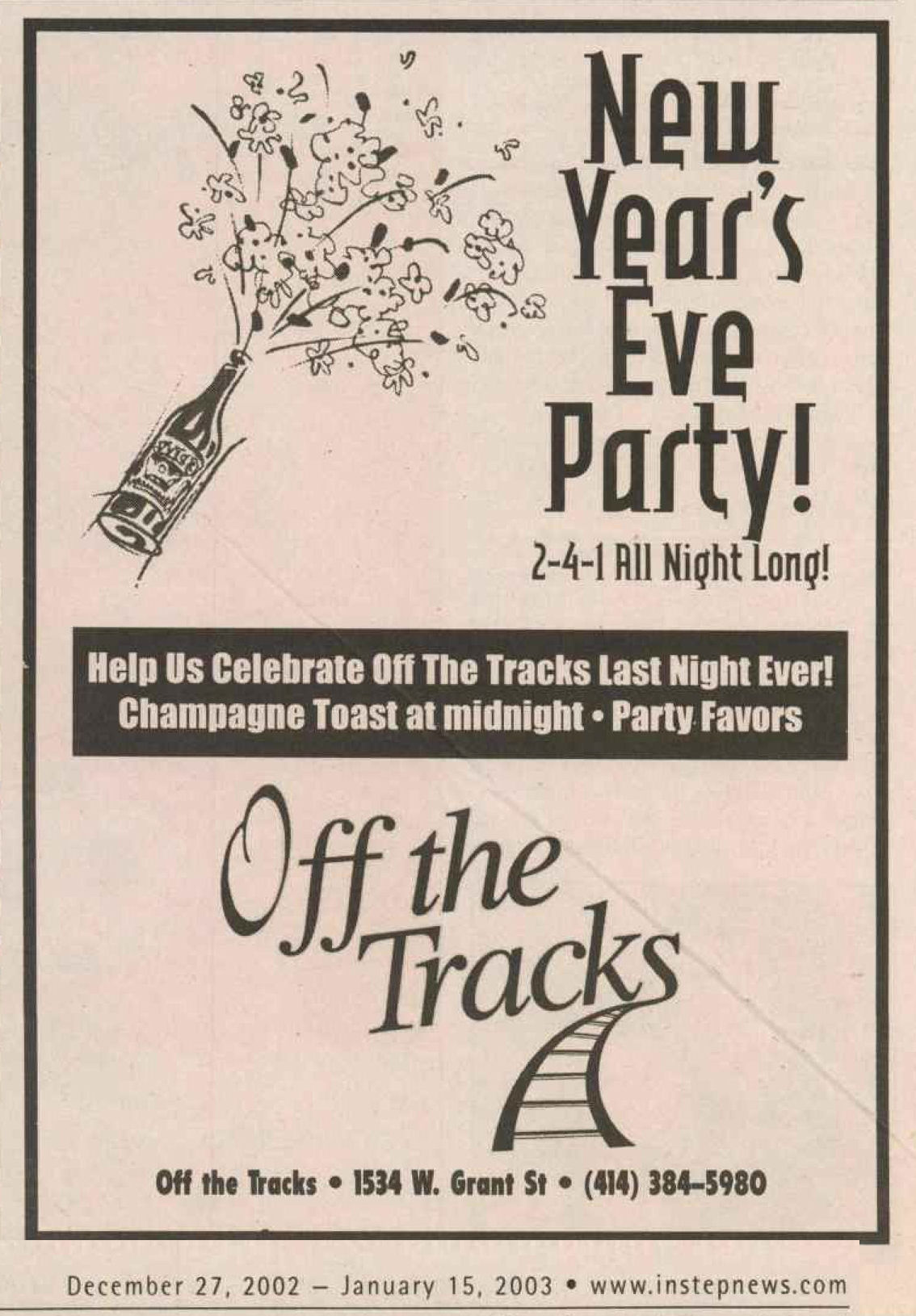 Advertisement for the bar's final New Year's Eve night, December 2002.