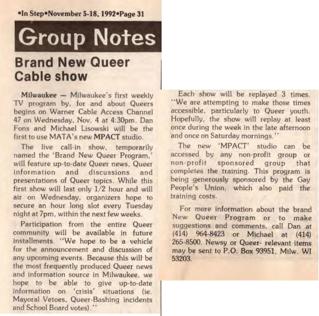 Queer Program set for Tuesday Nights / (In Step vol. 9-23, Nov. 1992) /