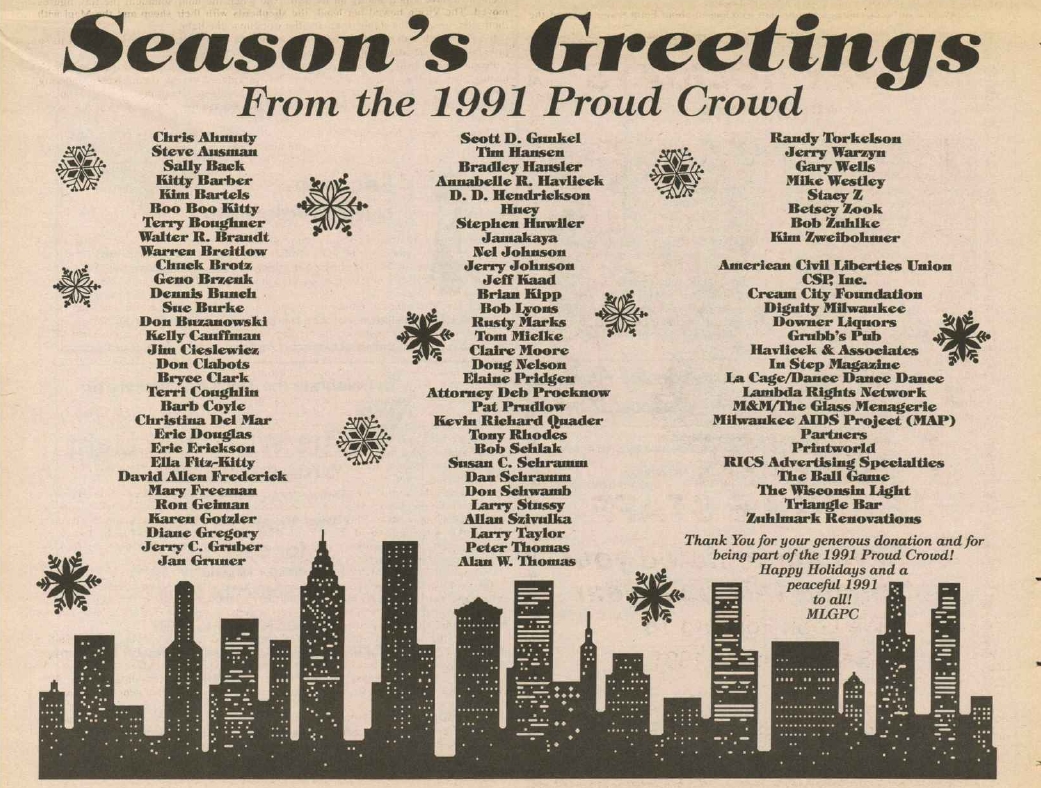 1991 Prowd Crowd Seassons Greetings ad / Dennis Bunch included / (Wis Light vol 3-25, December 1990) /