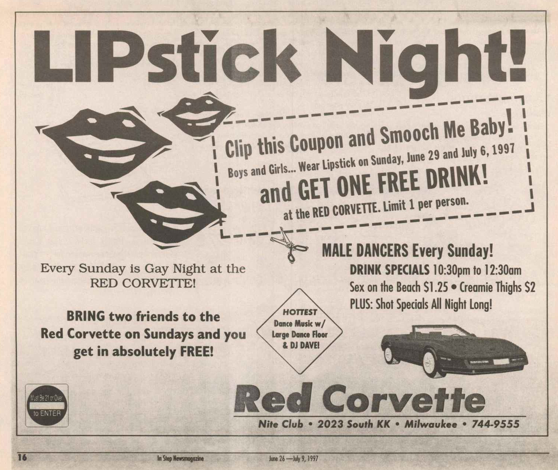 Advertisement promoting the return of Sunday gay nights, June 1997.