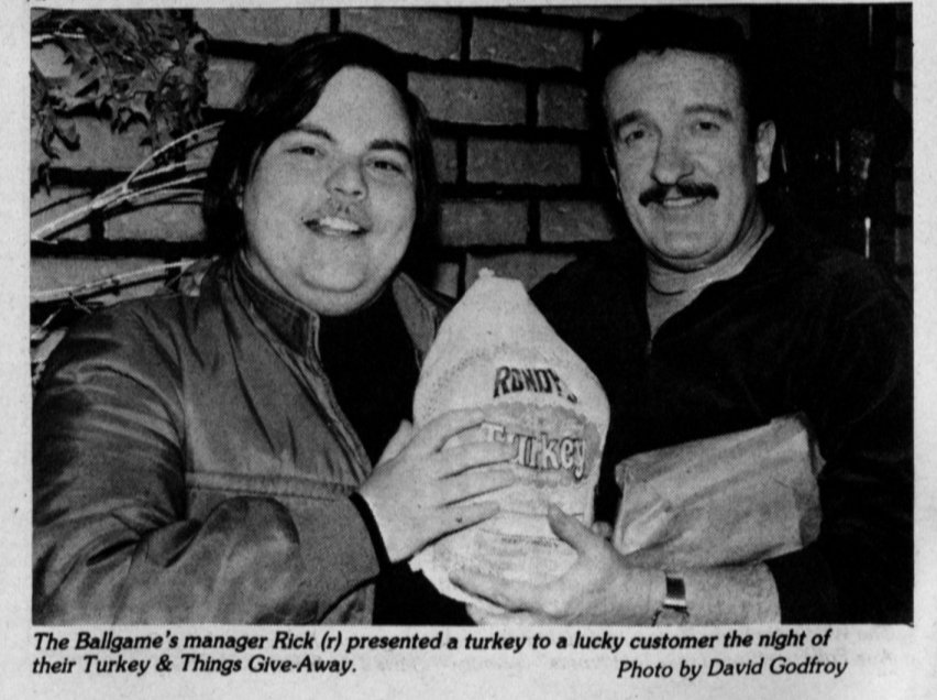 Rick (on right) with winner of / Turkey & Things Giveaway at Ballgame / November 1984 (In Step vol. 1 issue 14) /