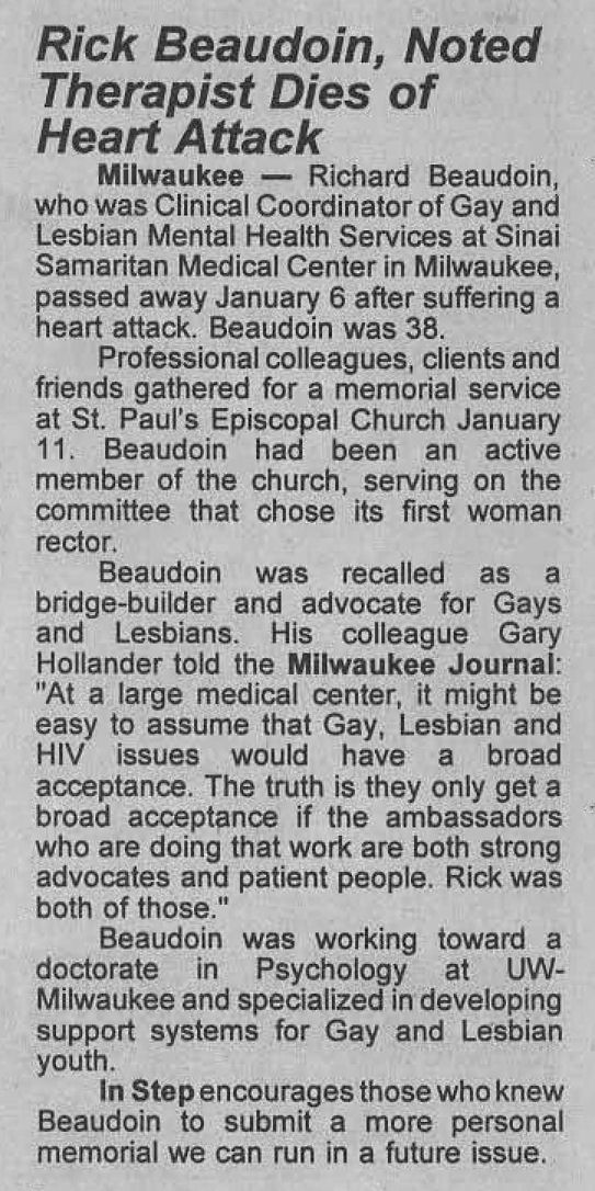 News article: Noted Therapist Dies / (In Step vol 12-01, Jan. 1995) /