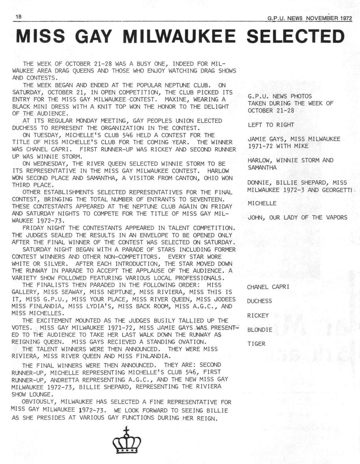 Coverage of the Miss Gay Milwaukee 1972-73 contest, November 1972.
