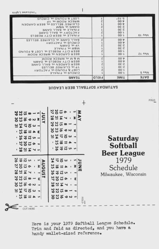 SSBL 1979 Schedule to clip / May 1979 / Milwaukee Calendar, vol. 2 no. 33- pgs. 11-12 /
