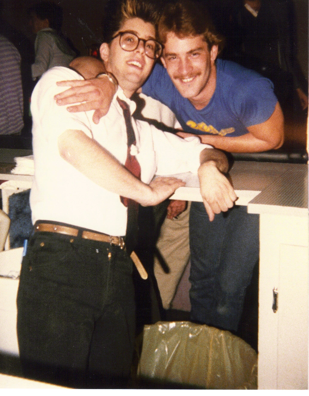 Inside the bar: Jamie Taylor (right) / with a bartender / (photo by Jamie Taylor c1985-86) /