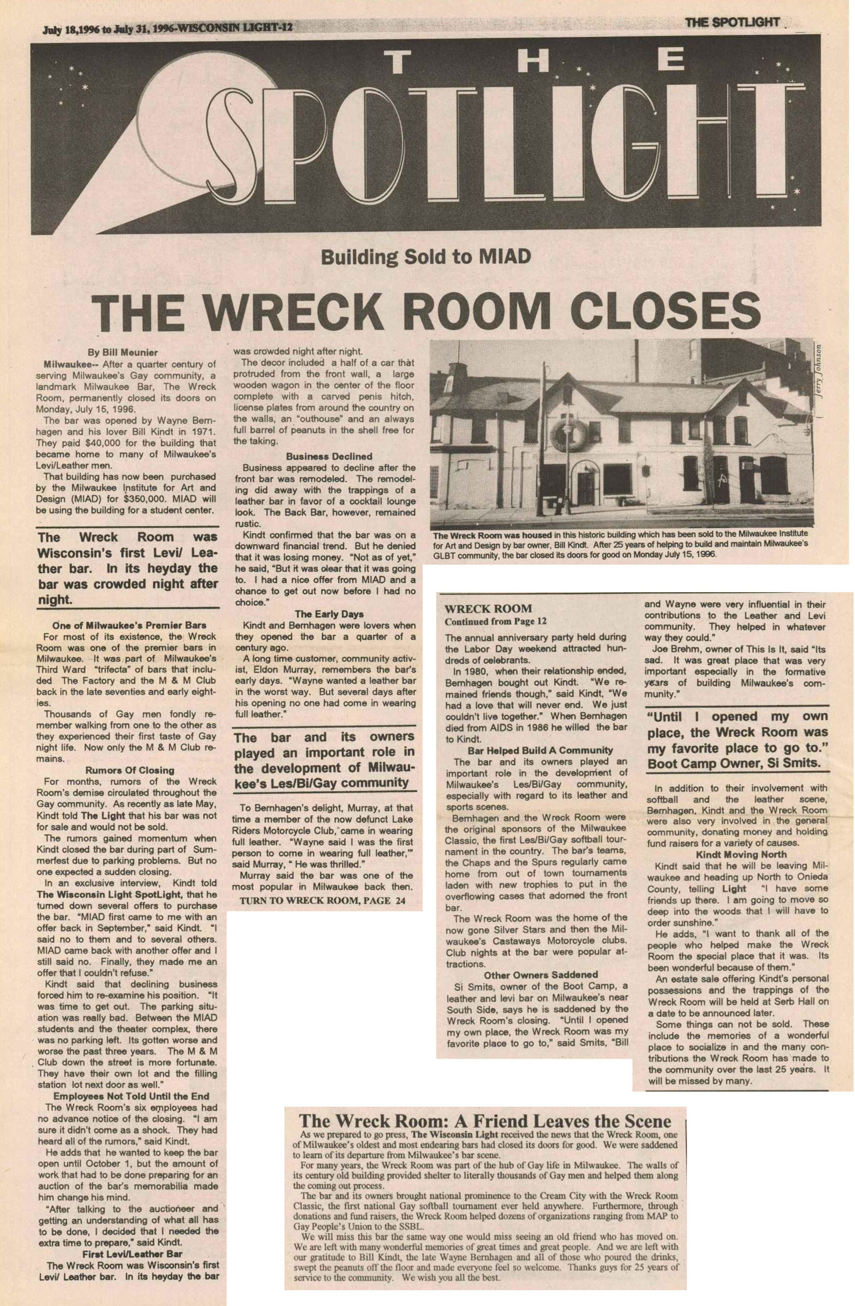 Article marking the bar's closing, July 1996.